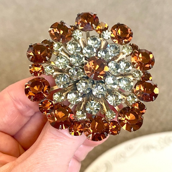 Vintage Rootbeer & Gray Glass Rhinestone  Brooch 1960’s - Picture 7 of 9